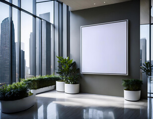 Modern concrete gallery interior with empty white mock up billboard and decorative plant. Exhibition 