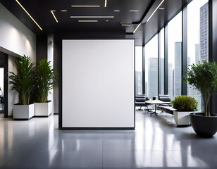 Modern concrete gallery interior with empty white mock up billboard and decorative plant. Exhibition 