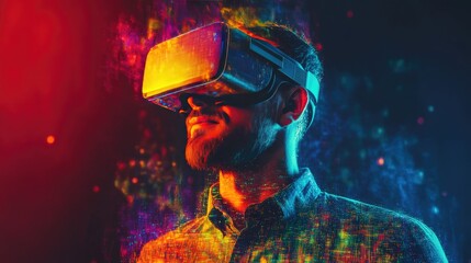 Man Experiencing Virtual Reality with Vibrant Neon Colors and Light Effects