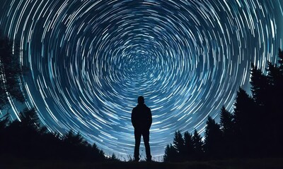 Wall Mural - A man stands silhouetted beneath swirling star trails in a forest clearing