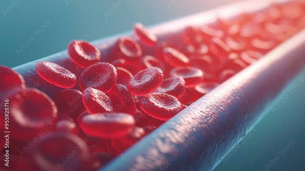 Close-up view of red blood cells flowing through a blood vessel Stock ...