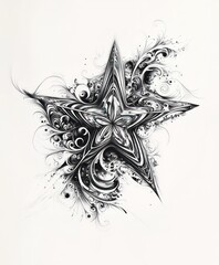 Poster - An intricate black and white star design with floral elements and swirling patterns.