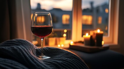 Glass of wine in cozy interior. Wine background