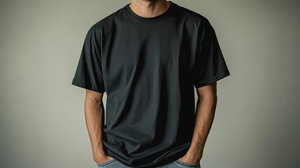 Wall Mural - Mockup of a Man Wearing a Black Oversized T-Shirt with Dropped Shoulders and Extended Sleeves.