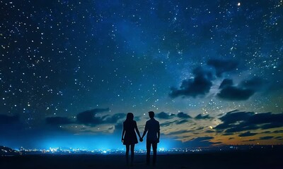Wall Mural - A couple holds hands, gazing at a sky full of stars during twilight