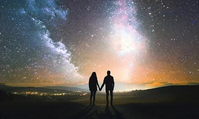 Wall Mural - Romantic couple admiring the Milky Way galaxy illuminating the night sky