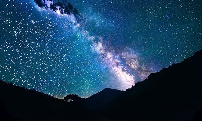 Wall Mural - A stunning Milky Way galaxy visible above a dark mountain silhouette