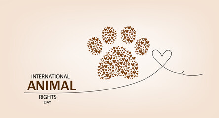 International Animal Rights Day vector banner.  Hand drawn flat illustration for poster, flyer, card. Dog paw footprint. dog day, 