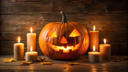 Halloween jack o lantern glowing with lit candles , pumpkins, spooky, autumn, decoration, orange, carved