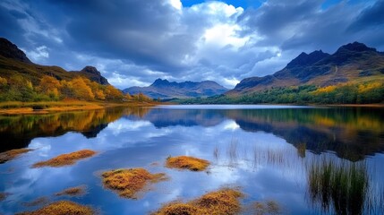 Wall Mural - Mountain Lake with Autumn Foliage and Cloudy Sky