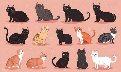  Charming Collection of Cartoon Style Feline on Dusty Rose Background