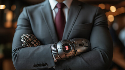 Man in a suit with robotic arms folded across his chest, merging human and technology, symbolizing the integration of modern tech in professional life.