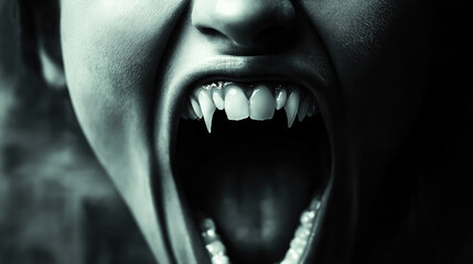 Close-up of a mouth wide open revealing sharp fangs, set against a dark background, evoking a sense of danger and horror.