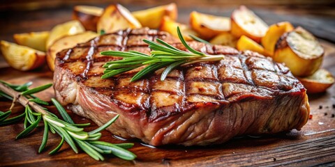 Close-up of a perfectly grilled steak with rosemary garnish and roasted potatoes, with shallow depth of field