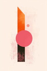 Wall Mural - Retro-Style Poster with Geometric Shapes in Pastel Pink, Orange, and Red Tones, Featuring a Central Abstract Circle Against a Soft Gradient Background