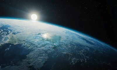 Wall Mural - The sun rises over Earth's curve, casting a soft glow on the planet’s surface from space.