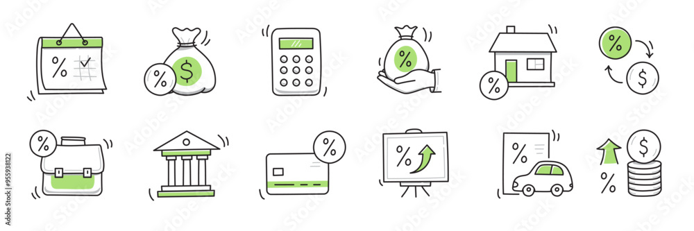 Loan interest rate doodle icon set. Hand drawn sketch doodle line style ...
