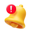 © Sunflower - Illustration of ringing bell in 3d style. Minimalistic yellow hand bell. Reminder in phone app. New notification. Social media communication. Vector art of chime isolated on white background