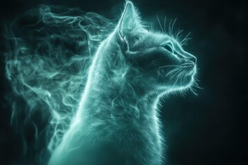 Ethereal glowing cat spirit in mystical mist. Concept of afterlife, supernatural, magic, mystery, and the unknown