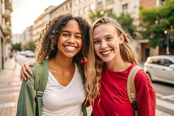 Two happy young women friends smiling together on a city street.