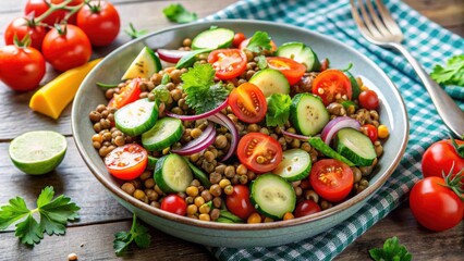 Fresh and colorful lentil salad with cherry tomatoes and cucumbers, healthy, vegetarian, salad, fresh, vibrant