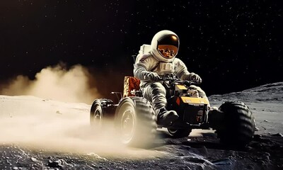 Wall Mural - An astronaut drives a lunar rover across the moon’s dusty surface in deep space