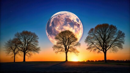 Wall Mural - Silhouettes of trees against a beautiful moonrise with a bright full moon , Woods, moonrise, full moon, night, sky, nature