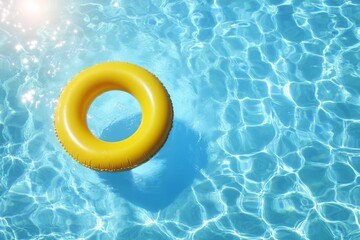 Top view of a yellow inflatable ring in a swimming pool with blue water and sunlight reflections, representing a summer vacation concept in high detail.