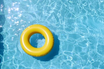 Top view of a yellow inflatable ring in a swimming pool with blue water and sunlight reflections, representing a summer vacation concept in high detail.