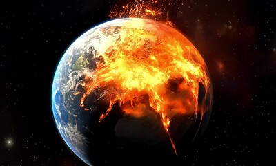 Wall Mural - The Earth is depicted ablaze, with fiery impacts covering the planet in a cosmic event