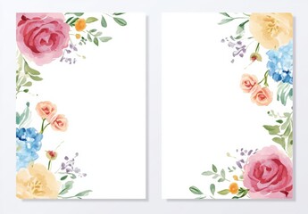 Wall Mural - Set of Two Blank Wedding Invitation Cards with Watercolor Flowers on   White Background