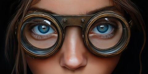 Close-up of a girl wearing large antique goggles, with intense blue eyes and serious expression