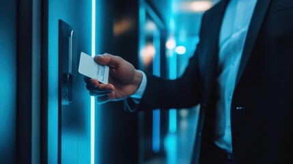 Wall Mural - businessman using keycard to access office modern security system