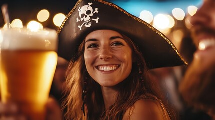 A cheerful woman wearing a pirate hat enjoying a drink at a lively evening party. Bright lights create a festive atmosphere.