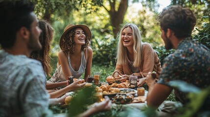 A cheerful gathering of friends in comically large hats enjoys a vibrant picnic filled with tasty treats and playful decor.