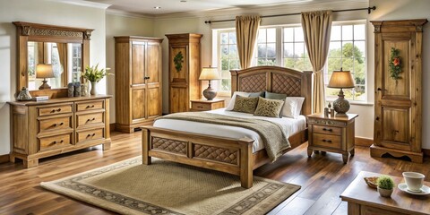 Handcrafted oak bedroom pieces boast intricate carvings, adding a touch of rustic elegance to a room with soaring