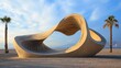 © Imagination  World - A stunning abstract sculpture with flowing curves, set against a beautiful sky and palm trees, showcasing modern artistic design.