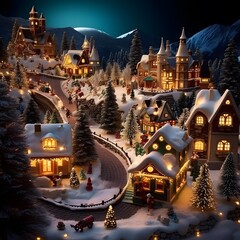 Wall Mural - Merry Christmas and Happy New Year. Winter village in the snow