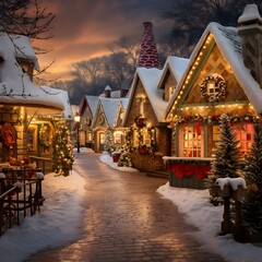 Christmas and New Year holidays in european village. Traditional wooden houses decorated with Christmas lights and garlands on the street.