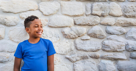 Wall Mural -  A Black boy wearing a blue T-shirt and laughing with his back against a stone wall