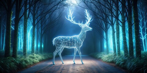 Wall Mural - Ethereal wireframe deer glowing in neon-lit forest pathway, ghostly, surreal, fantasy, illuminated, deer, wireframe, neon