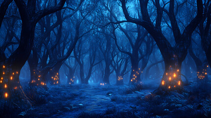 Gloomy fantasy forest scene at night with glowing lights. Mystic. Illustration