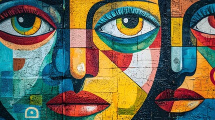 Wall Mural - Abstract Colorful Eyes and Lips Mural Graffiti Art