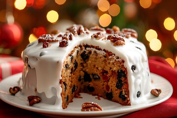 Wall Mural - Christmas pudding-style cake with white glaze, nuts, and dried fruits on top, cut in half 