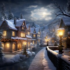 Wall Mural - Winter night in the village. Christmas and New Year background. Digital painting.