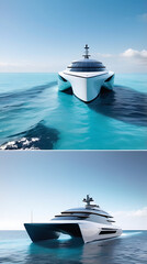 A futuristic solar-powered yacht cruising through pristine ocean waters, symbolizing innovation in renewable energy and luxury travel with copy space.

