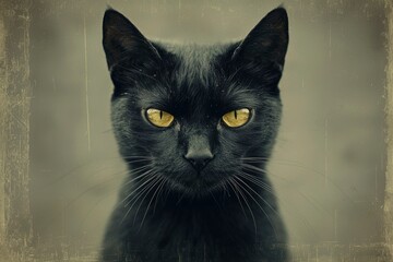 Wall Mural - Close-Up Portrait of a Black Cat with Yellow Eyes