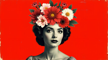 Wall Mural - A vintage-style collage featuring a black-and-white portrait of a woman with a vibrant floral arrangement bursting from her head