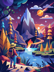 Wall Mural - A lone hiker gazes at a majestic mountain and river in a fantasy landscape