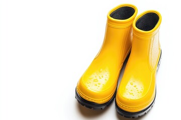 Yellow Rubber Boots with Water Drops on White Background